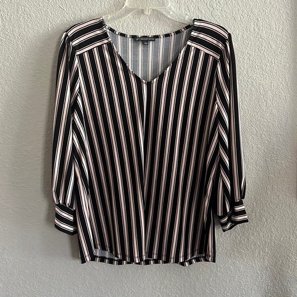 Adriana Papell 3/4 sleeve black & blush stripes size L machine washable no iron - Picture 1 of 7